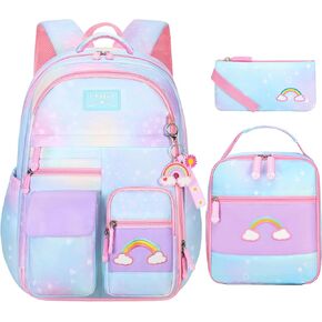 TLTUCI 3pcs Girls Backpack,Cute Rainbow School Backpack for Kids Children with Insulated Lunch Box Pencil Case Set (Blue-Large 17.7in)