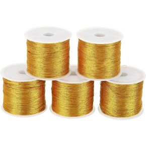 PATIKIL Total 545yards Metallic Cord, 5 Rolls 0.3mm Dia Tinsel Ornament String Thread for Craft Beading Jewelry Making Gift Wrapping Decoration, Gold