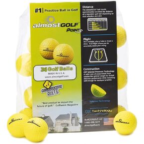 Practice Golf Balls for Golf Training. Made by AlmostGolf. Feel Solid Contact for Great Feedback. Limited Flight for Backyard use. Safe for Indoors. A Golfer Must Have (36 Pack Yellow with 5 Tees)