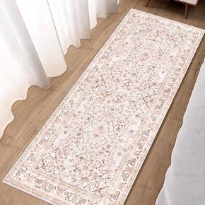 Vhong Washable Area Rugs Boho Vintage Modern Neutral Small Carpet Green and Pink High Traffic Rugs 2×6 for for Kitchen Hallway Living Room Non Slip