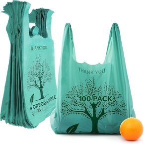 Stock Your Home 100 Pack Thank You Bags Disposable Eco Grocery T-Shirt Bag with Handles for Supermarket, Groceries, Produce, Shopping, Trash, Small Commercially Compostable Baggies Bulk