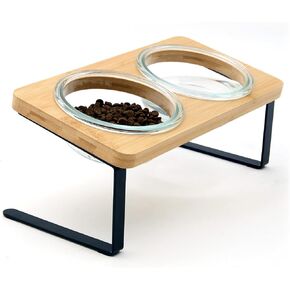 Elevated Cat Bowls, 15° Tilted Cat Food Bowl, Includes 2 Glass Cat Bowls, Bamboo Board, and Metal Stand for Cats and Puppies