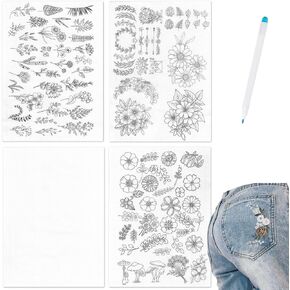 100-Pack Water-Soluble Stabilizer and Adhesive Embroidery Paper, with 3 Sheets of A4 Pre-Printed Patterns and 1 Blank Stabilizer + 1 Water-Soluble Marking Pen. Suitable for Hand Sewing.