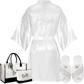 Bunnycool 4 Pcs Bridal Shower Gift Set Include Bride Robes Bride Slippers Canvas Tote Bag Makeup Bag for Bride Wedding Party