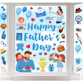 Whaline 6 Sheets Father's Day Window Clings Happy Father's Day Best Dad I Love Dad Window Stickers Flowers Balloons Heart Double-Sided Window Decals for Dad's Day Party Home Decorations Supplies