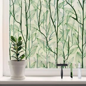 DKTIE Window Film Privacy with Installation Tools, Decorative Stained Glass Window Clings for Home, Static Cling Window Sticker for Front Door, Bathroom (Green, 35.4'' x 78.7'')