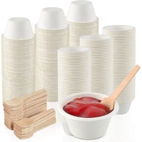 DOSTATNI 100 Set 2 oz Portion Cups Paper Souffle Portion Cups with Wooden Spoons Disposable Chili Cook Off Sample Cups for Party Supplies (100)