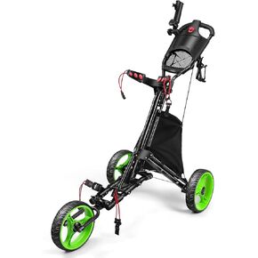 عربة دفع جولف قابلة للطي بثلاث عجلات من HOW TRUE - قابلة للطي والفتح بزر واحد في ثانية واحدة - فرامل قدم - حقيبة تبريد - حامل مظلة in Kuwait