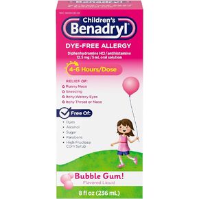 Benadryl Children's Dye-& Sugar-Free Allergy Relief Liquid Medicine with Diphenhydramine HCl, Antihistamine Allergy Medicine for Kids, Dye-Free, Alcohol-Free, Bubble Gum Flavor, 8 fl. Oz
