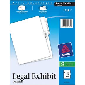 Avery Legal Exhibit Binder Dividers, Preprinted 1-10 and Table of Contents Side Tabs, Unpunched Letter Size, 1 Set Collated, 6 Sets per Pack (11381)