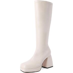 Joseywade Women's Knee-High Boots Chunky Heel Boots Platform Gogo Boots Side Zip Square Toe 4 Inch Shoes US Size 5-15