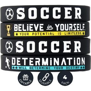 (4-Pack) Soccer Silicone Bracelets with Motivational Sports Quotes - Set of 4 Inspiring Silicone Rubber Wrist Bands - Unisex Soccer Gifts Jewelry Accessories for Boys Girls Men Women
