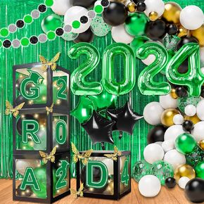 107 Pcs Black and Blue Graduation Decorations Class of 2024 - Graduation Balloon Boxes with 4 Light Strings, Balloon Arch Garland Kit, Fringe Curtains, Graduation Party Decorations 2024 for Any Grades