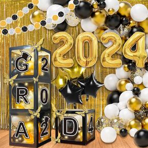 107 Pcs Black and Blue Graduation Decorations Class of 2024 - Graduation Balloon Boxes with 4 Light Strings, Balloon Arch Garland Kit, Fringe Curtains, Graduation Party Decorations 2024 for Any Grades
