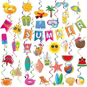 AUZRUI Summer Party Decorations - 65 Pieces Beach & Pool Party Supplies, Hello Summer Banner, Hanging Swirls, Streamers, and Beach Theme Decorations for Home, Office, Kids, School, Classroom