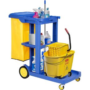 tonchean Commercial Janitorial Cart 3 Shelf, Housekeeping Janitor Cleaning cart, 200 Lbs Large Capacity Janitorial cart, Wheeled with 22 Gallon Yellow Vinyl Bag and Cover lid, Blue