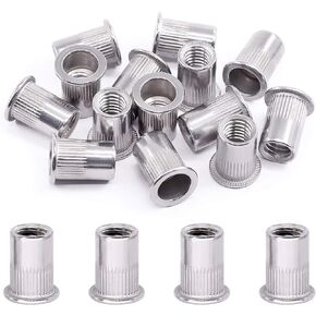 Swpeet 50Pcs 304 Stainless Steel #10-24“ Knurled Rivet Nut Flat Head Threaded Insert Nutsert Assortment Kit for Automotive, Furniture, Decoration