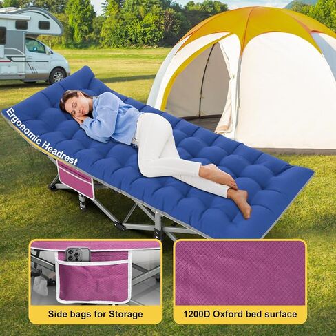 سرير تخييم نحيف للبالغين، سرير أطفال بوزن 500 رطل للتخييم، سرير تخييم محمول قابل للطي، سرير نوم للتخييم، سرير التخييم، المكتب، خيمة الشاطئ في الهواء الطلق مع حقيبة حمل وسادة، 1200D طبقة مزدوجة أكسفورد in Kuwait