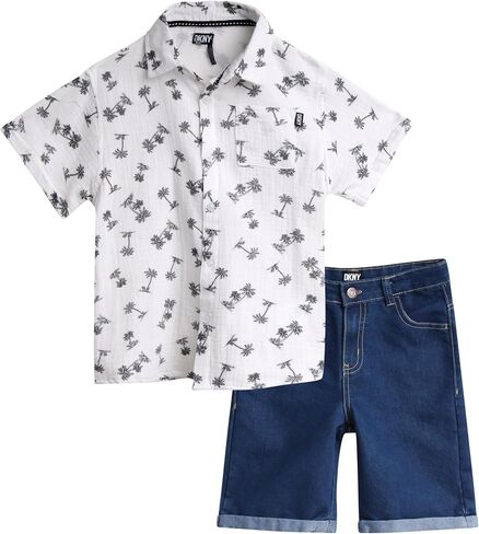 DKNY Boys' Shorts Set - 2 Piece Short Sleeve Button Down Shirt and Denim Jean Shorts - Summer Outfit for Toddler Boys (2T-7) in Saudi Arabia