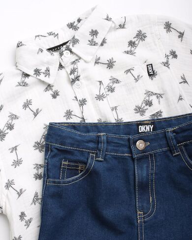 DKNY Boys' Shorts Set - 2 Piece Short Sleeve Button Down Shirt and Denim Jean Shorts - Summer Outfit for Toddler Boys (2T-7) in Saudi Arabia