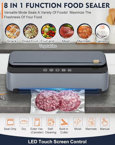 ماكينة ختم الطعام من تشاوس، مضختان 85 كيلو باسكال أوتوماتيكية بالكامل 8 في 1 لغلق الطعام، قاطع مدمج وتخزين الحقائب، الكشف التلقائي عن الأكياس، وضع الرطوبة الجافة وخرطوم شفط الهواء | لمس ال اي دي | سو فيديو in Kuwait