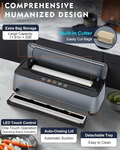 ماكينة ختم الطعام من تشاوس، مضختان 85 كيلو باسكال أوتوماتيكية بالكامل 8 في 1 لغلق الطعام، قاطع مدمج وتخزين الحقائب، الكشف التلقائي عن الأكياس، وضع الرطوبة الجافة وخرطوم شفط الهواء | لمس ال اي دي | سو فيديو in Kuwait