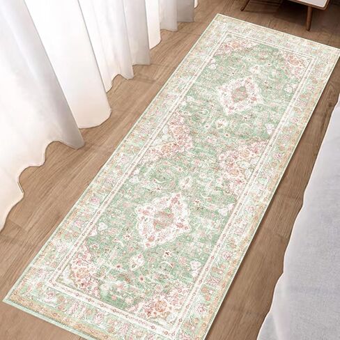 Vhong Washable Area Rugs Boho Vintage Modern Neutral Small Carpet Green and Pink High Traffic Rugs 2×6 for for Kitchen Hallway Living Room Non Slip in Saudi Arabia