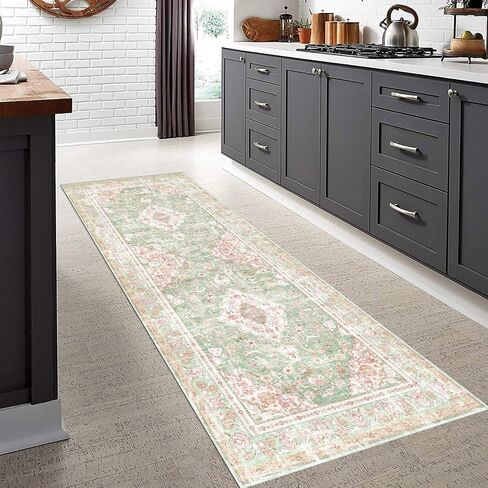 Vhong Washable Area Rugs Boho Vintage Modern Neutral Small Carpet Green and Pink High Traffic Rugs 2×6 for for Kitchen Hallway Living Room Non Slip in Saudi Arabia