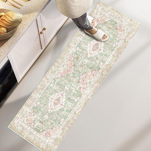 Vhong Washable Area Rugs Boho Vintage Modern Neutral Small Carpet Green and Pink High Traffic Rugs 2×6 for for Kitchen Hallway Living Room Non Slip in Saudi Arabia