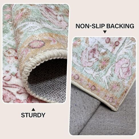Vhong Washable Area Rugs Boho Vintage Modern Neutral Small Carpet Green and Pink High Traffic Rugs 2×6 for for Kitchen Hallway Living Room Non Slip in Saudi Arabia