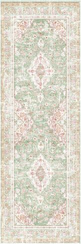 Vhong Washable Area Rugs Boho Vintage Modern Neutral Small Carpet Green and Pink High Traffic Rugs 2×6 for for Kitchen Hallway Living Room Non Slip in Saudi Arabia
