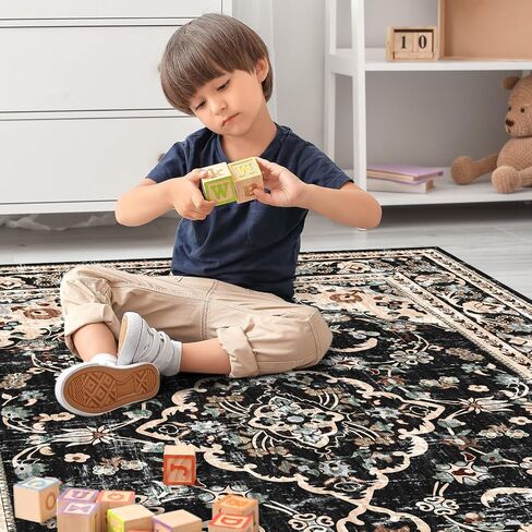 Vhong Washable Area Rugs Boho Vintage Modern Neutral Small Carpet Green and Pink High Traffic Rugs 2×6 for for Kitchen Hallway Living Room Non Slip in Saudi Arabia