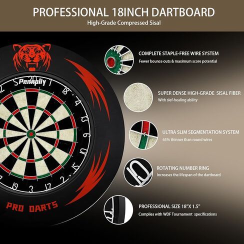 Pennpliy Bristle Dart Board Set, Professional Dart Board 18" with Steel Tip Darts Outdoor Dartboard Set, Compressed Sisal Metal Wire Board with Rotating Number Ring Includes 6pcs 18g Darts in Saudi Arabia