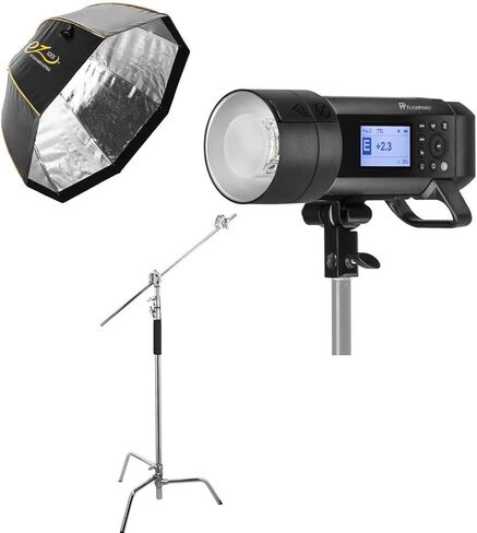 Flashpoint XPLOR 600 PRO TTL - Glow EZ Lock Octa Quick XL Softbox مع حامل بوينز (48 بوصة)، حامل ضوء Flashpoint 10 بوصات على مجموعة قاعدة السلحفاة مع ذراع قبضة 40 بوصة، رأسين GOBO، دبوس صغير - كروم in Kuwait
