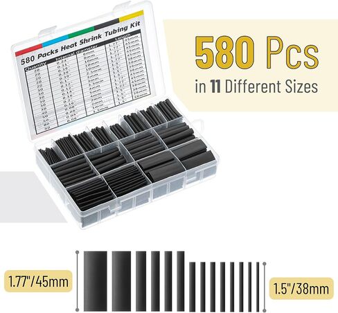 Bates- Heat Shrink Tubing Kit, 11 Sizes, 2:1 Ratio, 580 pcs, Heat Shrink Wrap, Wire Shrink Wrap Tubing, Wire Shrink Tubing, Wire Heat Shrink, Electrical Shrink Wrap Tubing, Shrink Tubing for Wires in Saudi Arabia