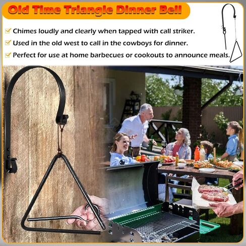 Triangle Dinner Bell Including Metal Hanger and Call Striker, Classical Cast Steel Cowboy Western Dinner Calling Bell for Chuck Wagon Décor in Saudi Arabia