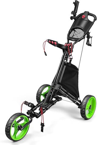 عربة دفع جولف قابلة للطي بثلاث عجلات من HOW TRUE - قابلة للطي والفتح بزر واحد في ثانية واحدة - فرامل قدم - حقيبة تبريد - حامل مظلة in Kuwait
