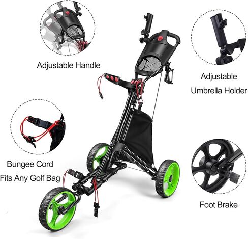 عربة دفع جولف قابلة للطي بثلاث عجلات من HOW TRUE - قابلة للطي والفتح بزر واحد في ثانية واحدة - فرامل قدم - حقيبة تبريد - حامل مظلة in Kuwait
