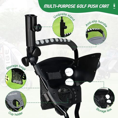 Lakehood Golf Push Cart, Lightweight Push Cart Golf, 3 Wheel Golf Push Carts Easy to Open/Fold with Scorecard Holder Umbrella Holder Storage Bag Golf Pull Cart Golf Bag Cart for Golfer Lovers in Kuwait