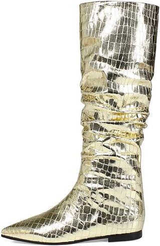 Pomoxikn أحذية عالية للركبة للنساء، أحذية ذهبية وفضية للنساء، أحذية مسطحة معدنية مترهلة، أحذية بكعب منخفض مكتنزة، أحذية مسطحة من جلد التمساح الصناعي. in Kuwait