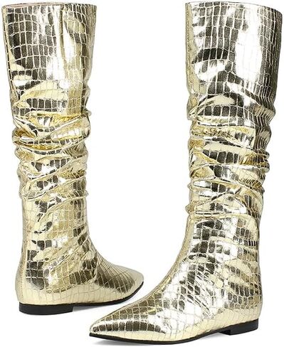 Pomoxikn أحذية عالية للركبة للنساء، أحذية ذهبية وفضية للنساء، أحذية مسطحة معدنية مترهلة، أحذية بكعب منخفض مكتنزة، أحذية مسطحة من جلد التمساح الصناعي. in Kuwait
