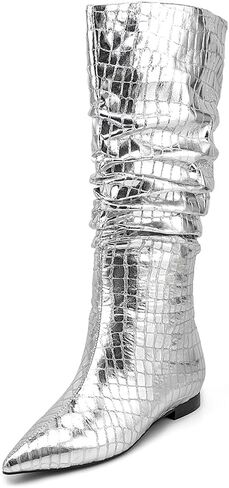 Pomoxikn Knee High Boots for Women Gold Silver Boots for Women Slouchy Metallic Flat Boots Low Chunky Heel Boots Faux Crocodile Flat Boots. in Saudi Arabia