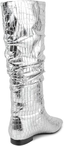 Pomoxikn Knee High Boots for Women Gold Silver Boots for Women Slouchy Metallic Flat Boots Low Chunky Heel Boots Faux Crocodile Flat Boots. in Saudi Arabia