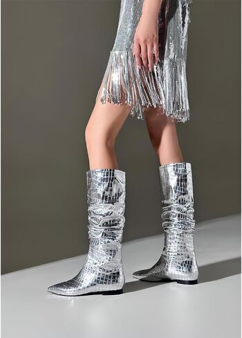 Pomoxikn Knee High Boots for Women Gold Silver Boots for Women Slouchy Metallic Flat Boots Low Chunky Heel Boots Faux Crocodile Flat Boots. in Saudi Arabia