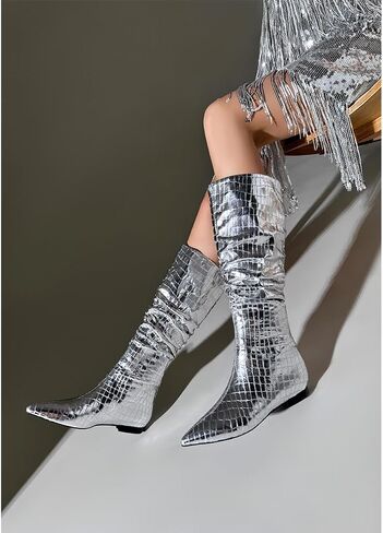 Pomoxikn Knee High Boots for Women Gold Silver Boots for Women Slouchy Metallic Flat Boots Low Chunky Heel Boots Faux Crocodile Flat Boots. in Saudi Arabia
