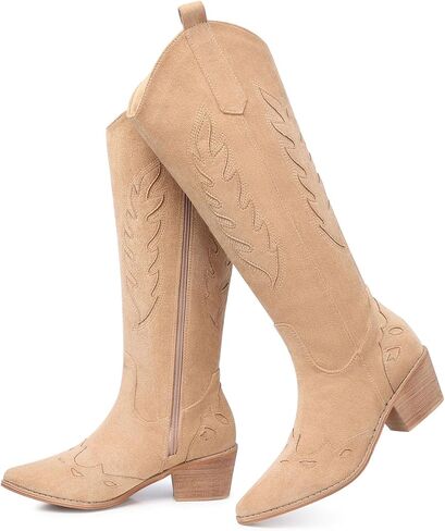 SHIBEVER Cowboy Boots for Women Knee High Suede Pointed Toe Cowgirl Boots Embroidered Pull-On Chunky Heel Western Boots in Kuwait