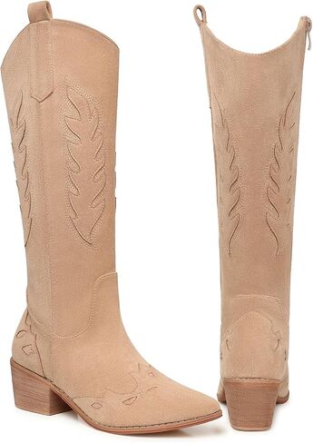 SHIBEVER Cowboy Boots for Women Knee High Suede Pointed Toe Cowgirl Boots Embroidered Pull-On Chunky Heel Western Boots in Kuwait