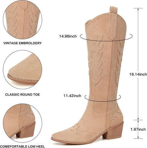 SHIBEVER Cowboy Boots for Women Knee High Suede Pointed Toe Cowgirl Boots Embroidered Pull-On Chunky Heel Western Boots in Kuwait