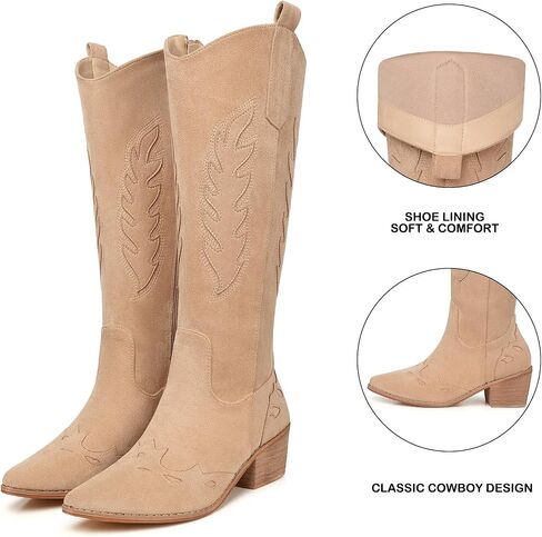 SHIBEVER Cowboy Boots for Women Knee High Suede Pointed Toe Cowgirl Boots Embroidered Pull-On Chunky Heel Western Boots in Kuwait