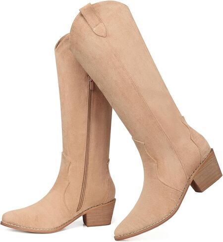SHIBEVER Cowboy Boots for Women Knee High Suede Pointed Toe Cowgirl Boots Embroidered Pull-On Chunky Heel Western Boots in Kuwait